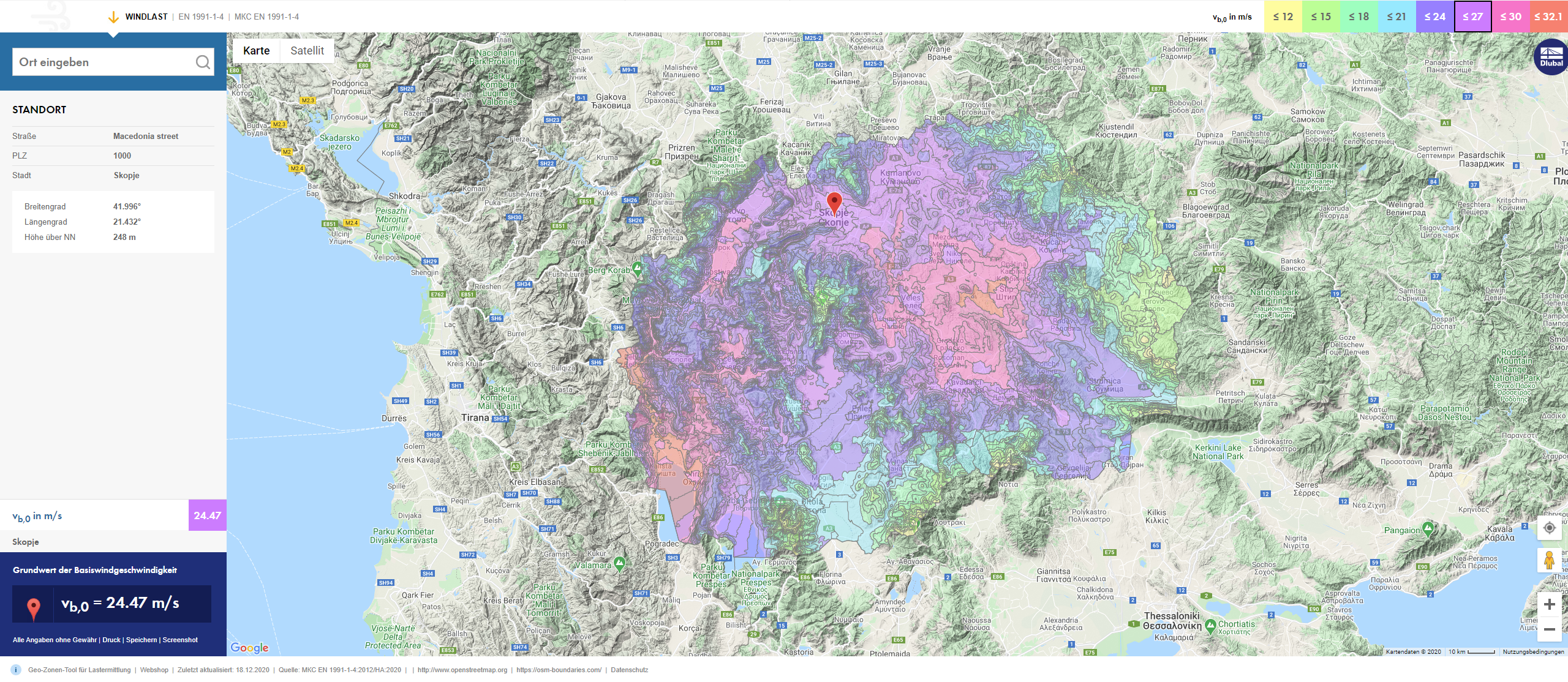 Basic Wind Velocity for North Macedonia According to Eurocode