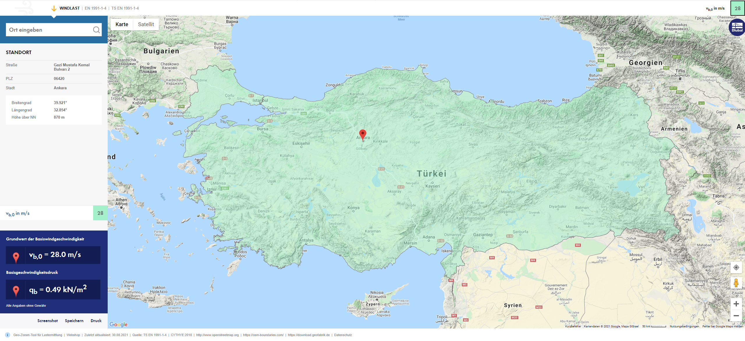 Basic Wind Velocity for Turkey According to Eurocode