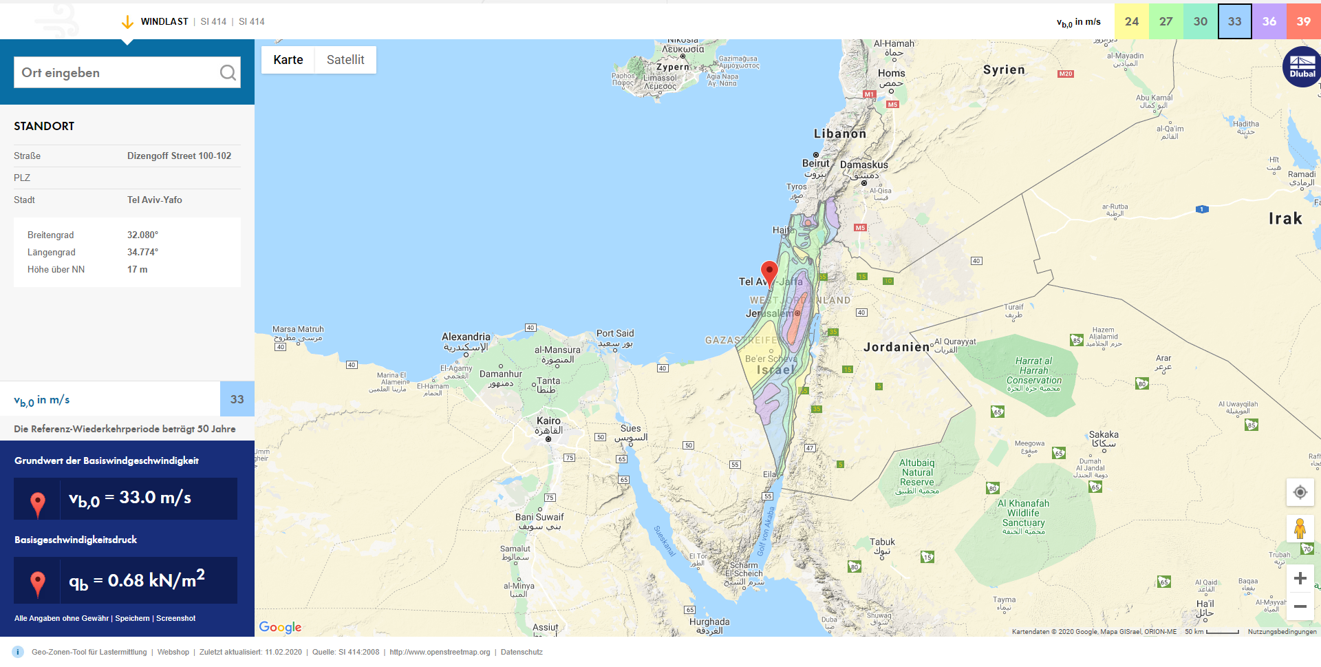 Basic Wind Velocity for Israel According to SI 414